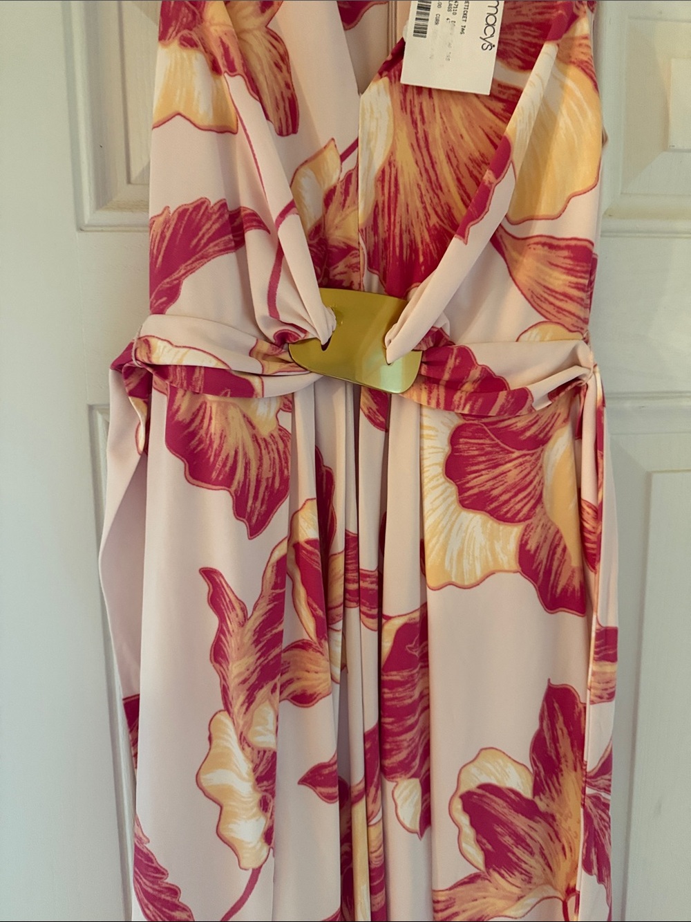 DONNA KARAN NEW YORK Pink Floral V-Neck MIDI Dress with Yellow Accents - Picture 3 of 5